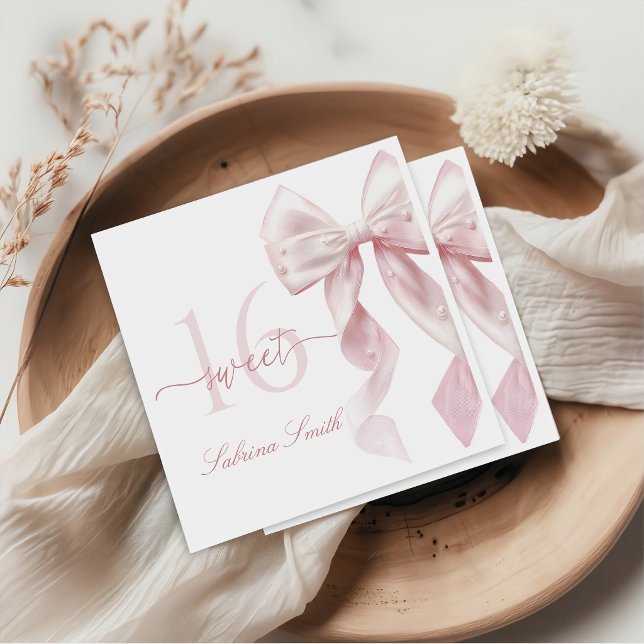Pink Bow Sweet 16 Birthday Napkins (Creator Uploaded)