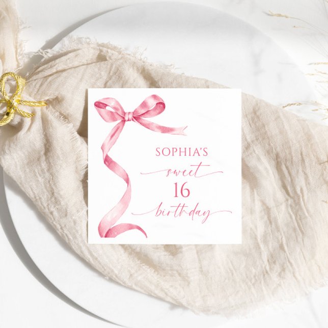 Pink Bow Sweet 16 Birthday Party Napkin (Creator Uploaded)