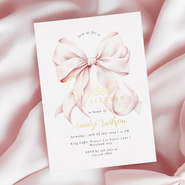Pink Bow Sweet 16 Girl Foil Invitation (Creator Uploaded)