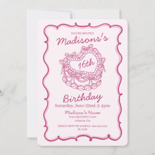 Pink Bow Sweet 16 Heart Coquette Cake Birthday Invitation