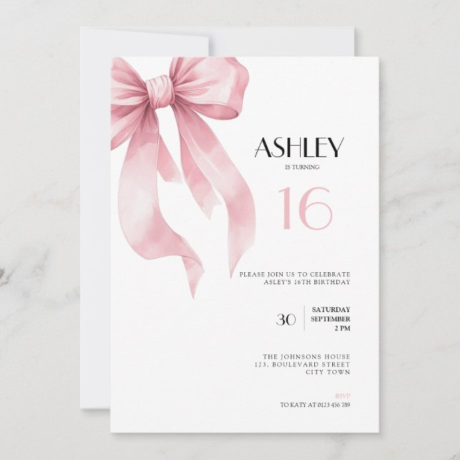 Pink Bow sweet 16th Birthday Invitation for Girls (Front)