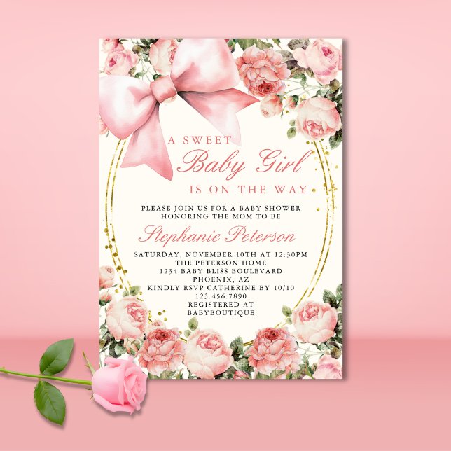 Pink Bow Sweet Baby Girl Is On The Way Baby Shower Invitation (Creator Uploaded)