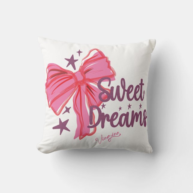 Pink Bow "Sweet Dreams" Glitter Typography Cushion (Front)
