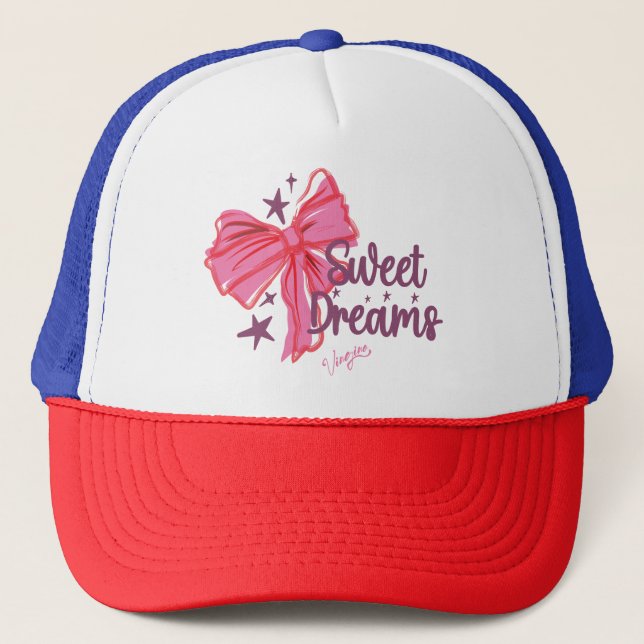 Pink Bow "Sweet Dreams" Glitter Typography Trucker Hat (Front)