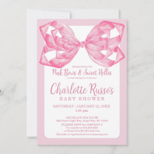 Pink Bow & Sweet Hellos Baby Shower Watercolor Invitation