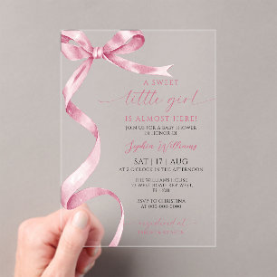 Pink Bow Sweet Little Girl Baby Shower Acrylic Invitations