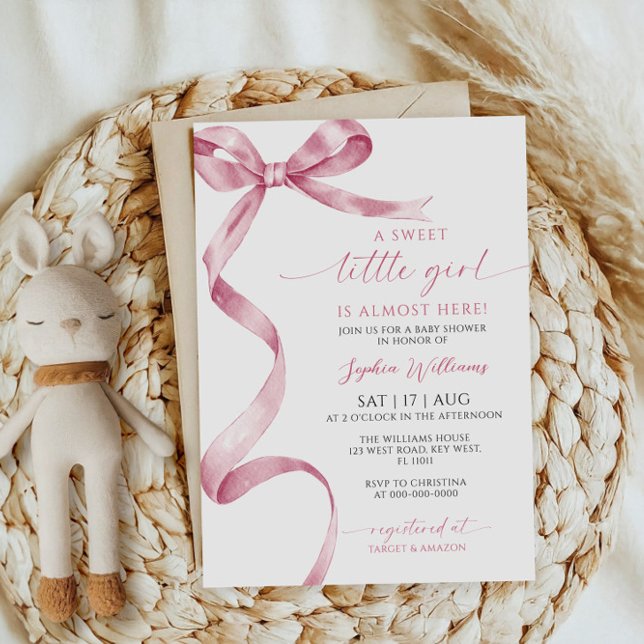 Pink Bow Sweet Little Girl Baby Shower Invitation (Creator Uploaded)