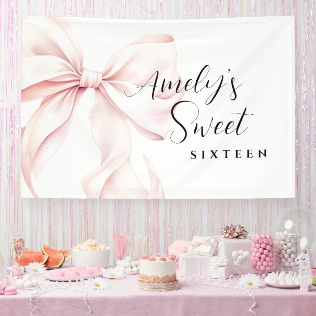 Pink Bow Sweet Sixteen Birthday Backdrop Banner (Party)