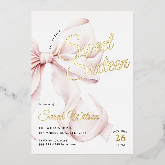 Pink Bow Sweet Sixteen Birthday Foil Invitation (Front)