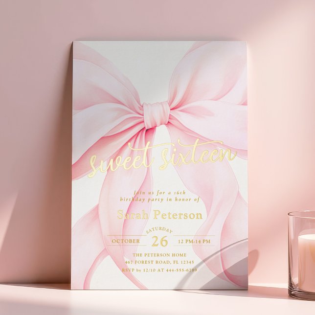 Pink Bow Sweet Sixteen Birthday Foil Invitation (Creator Uploaded)