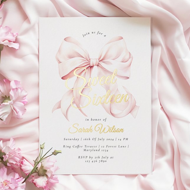Pink Bow Sweet Sixteen Birthday Foil Invitation (Creator Uploaded)