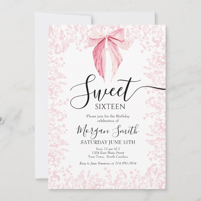pink bow Sweet Sixteen Birthday Invitation (Front)
