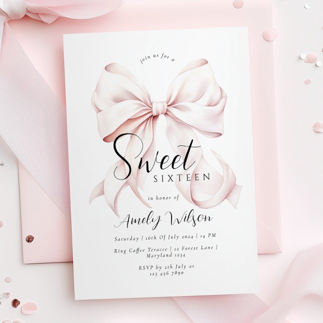 Pink Bow Sweet Sixteen Birthday Invitation (Creator Uploaded)
