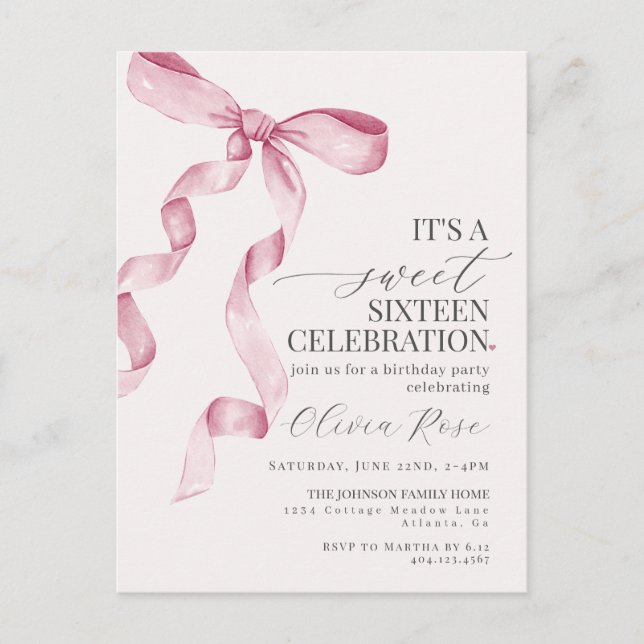 Pink Bow Sweet Sixteen Birthday Party Invitation Postcard (Front)