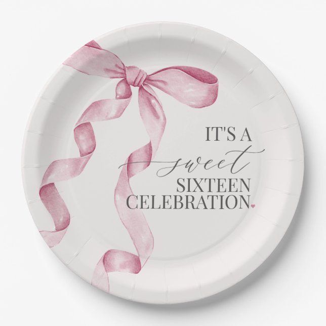 Pink Bow Sweet Sixteen Birthday Party Shower Decor Paper Plate (Front)