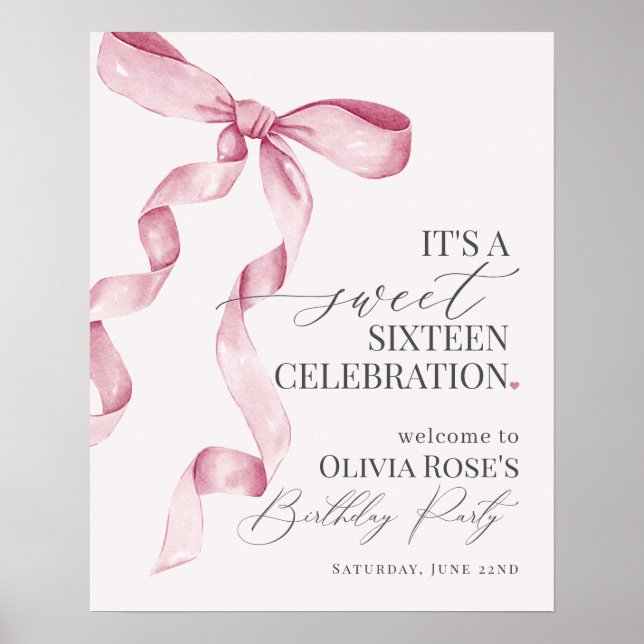 Pink Bow Sweet Sixteen Birthday Party Welcome Sign (Front)