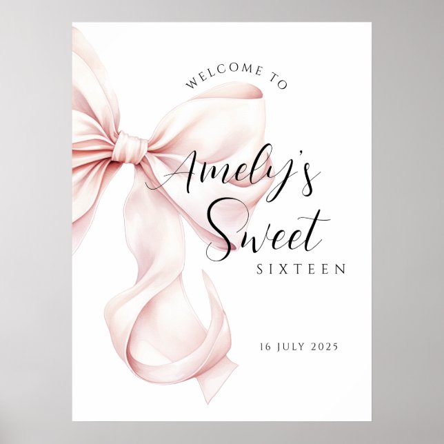 Pink Bow Sweet Sixteen Birthday Welcome Poster (Front)