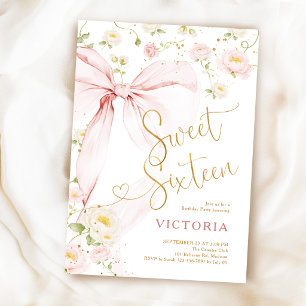 Pink Bow Sweet Sixteen Floral 16th Birthday Invitation