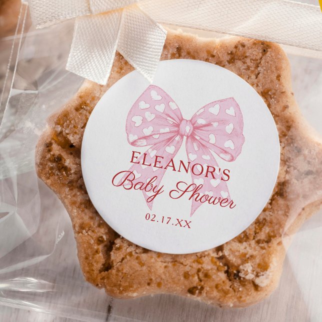 Pink Bow Sweetheart Baby Shower Favour Classic Round Sticker (Creator Uploaded)