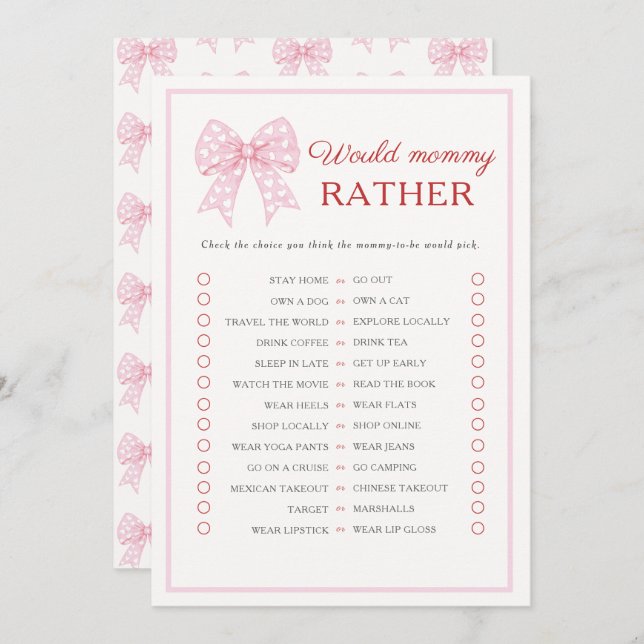 Pink Bow Sweetheart Baby Would Mummy Rather Game Advice Card (Front/Back)