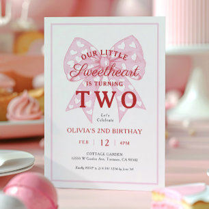 Pink Bow Sweetheart Is One Girl 2nd Birthday Invitation