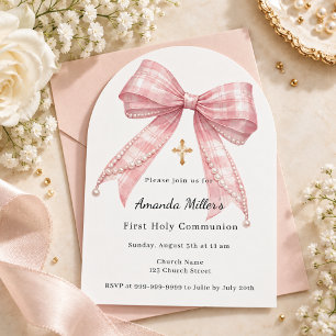 Pink bow tartan First Communion Arch Invitation