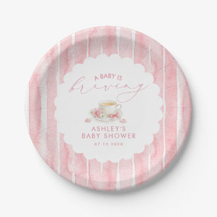 Pink Bow Tea Baby Is Brewing Girl Baby Shower Paper Plate