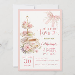 Pink Bow Tea For Two Girl Birthday Invitation