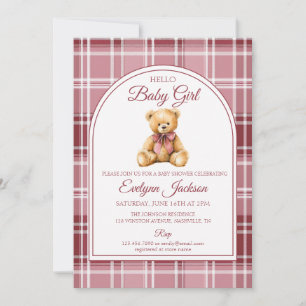 Pink Bow Teddy Bear All In One Girl Baby Shower Invitation