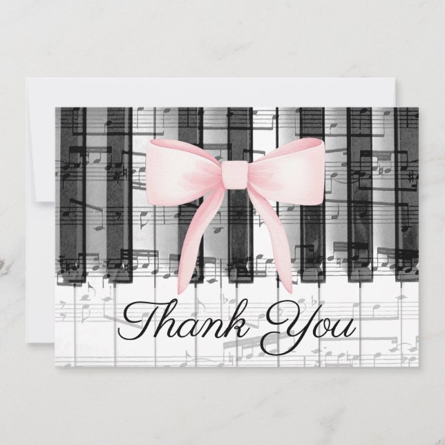 pink bow thank you calligraphy on music piano card (Front)