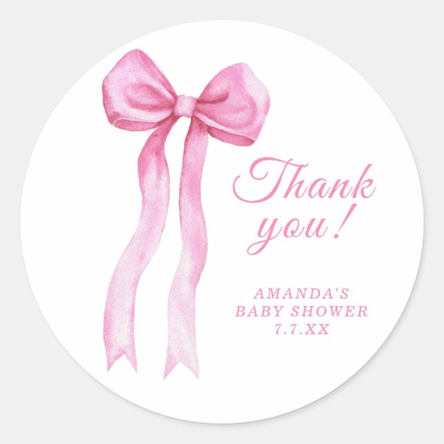 Pink Bow Thank You Card Classic Round Sticker (Front)