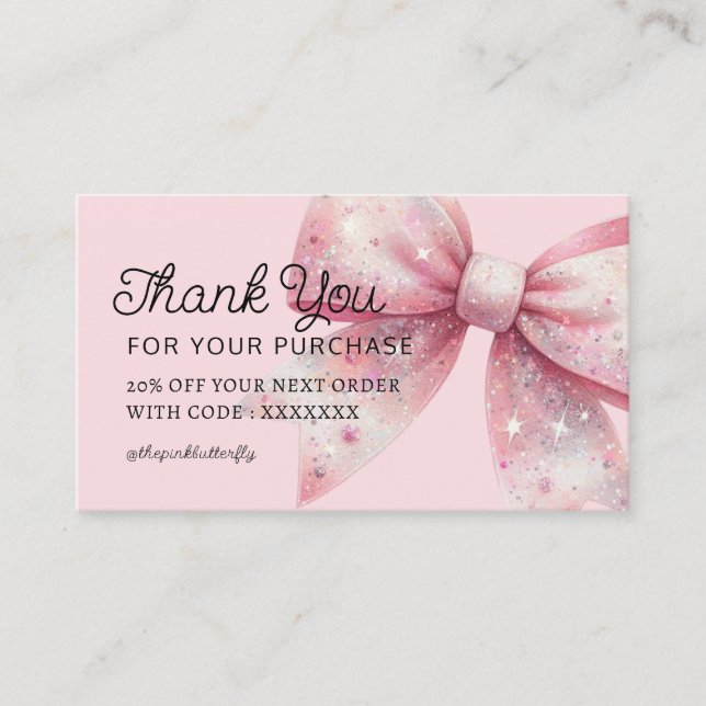 pink bow thank you for your purchase business card (Front)