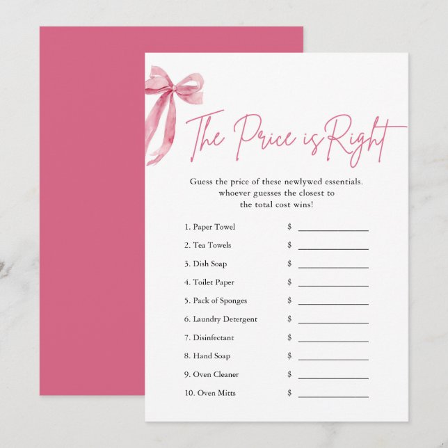 Pink Bow The Price is Right Bridal Shower Game Invitation (Front/Back)
