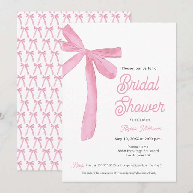 Pink Bow theme bridal shower customisable Invitation (Front/Back)