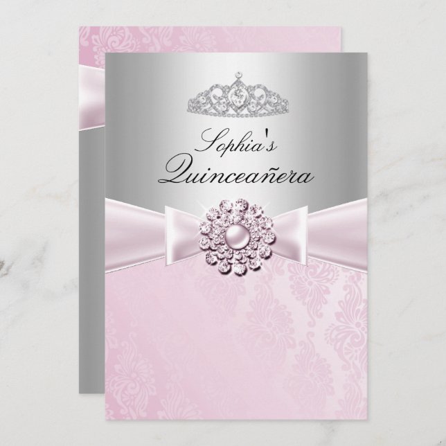 Pink Bow & Tiara Quinceanera Announcements (Front/Back)