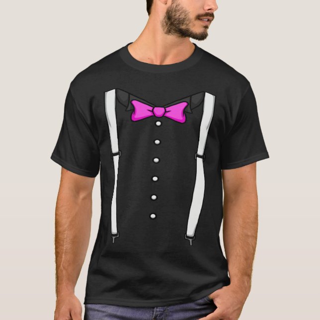 Pink Bow Tie Suspenders Cummerbund Tuxedo Bow Tie T-Shirt (Front)