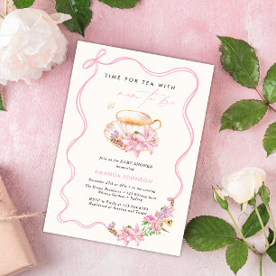 Pink bow Time for tea Mum-to-be baby shower Invitation
