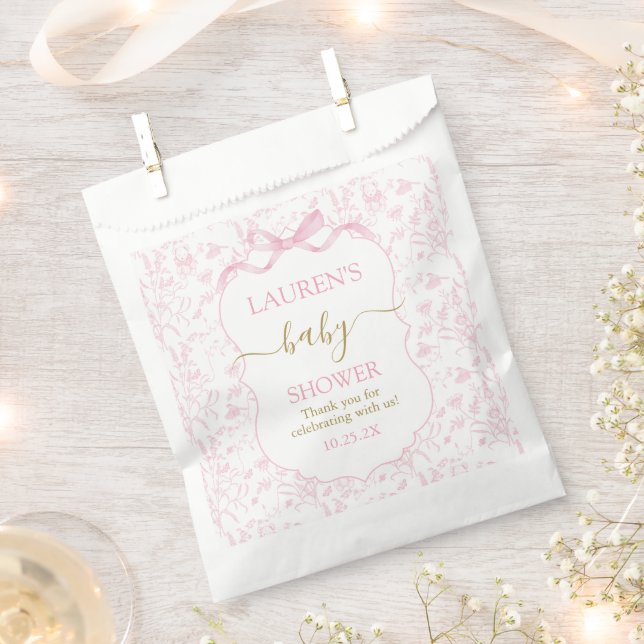 Pink Bow Toile Bear Baby Shower Girl Favour Bags (Clipped)