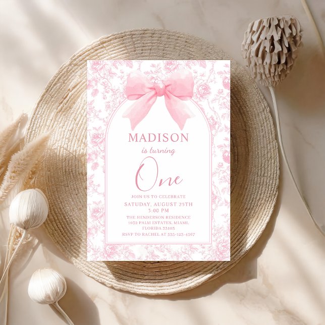 Pink Bow Toile Chinoiserie 1st Birthday Invitation (Creator Uploaded)