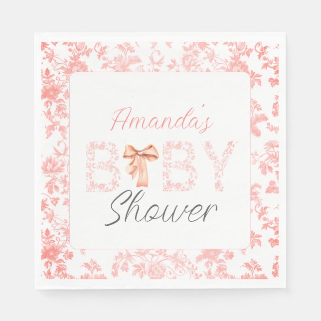 Pink Bow Toile de Jouy Floral Baby Shower  Napkin (Front)