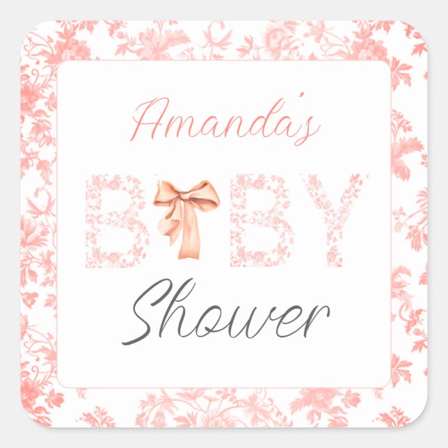 Pink Bow Toile de Jouy Floral Baby Shower  Square Sticker (Front)