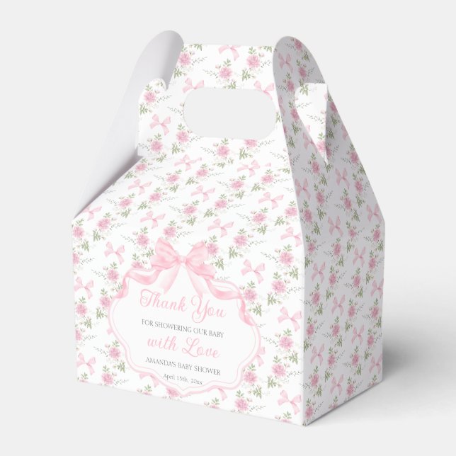 Pink Bow Toile De Jouy Girl Baby Shower Favour Box (Front Side)