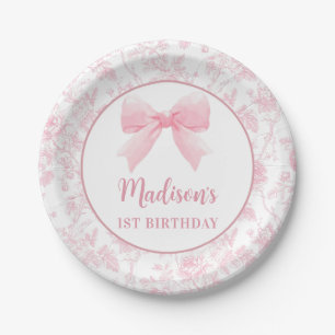 Pink Bow Toile Floral Birthday Paper Plates