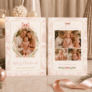Pink Bow Toile Four Photo Christmas Family Holiday Card
