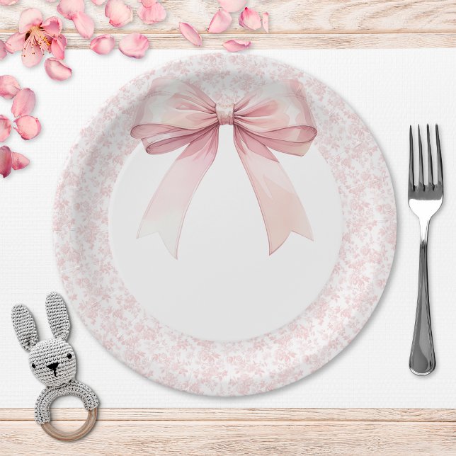 Pink Bow Toile Girl Baby Shower Paper Plate (Creator Uploaded)