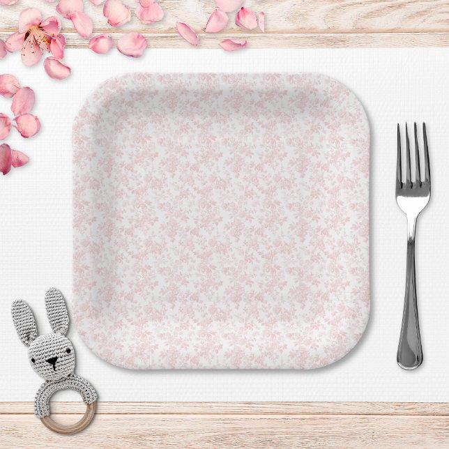 Pink Bow Toile Girl Baby Shower Paper Plates (Creator Uploaded)