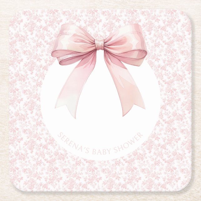 Pink Bow Toile Girl Baby Shower Paper Plates Square Paper Coaster (Front)