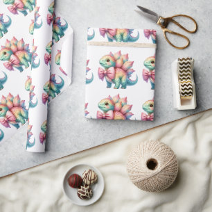 Pink Bow Triceratops Dinosaur Wrapping Paper