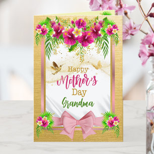  Pink Bow Tropical Floral Mothers Day Customisable Holiday Card