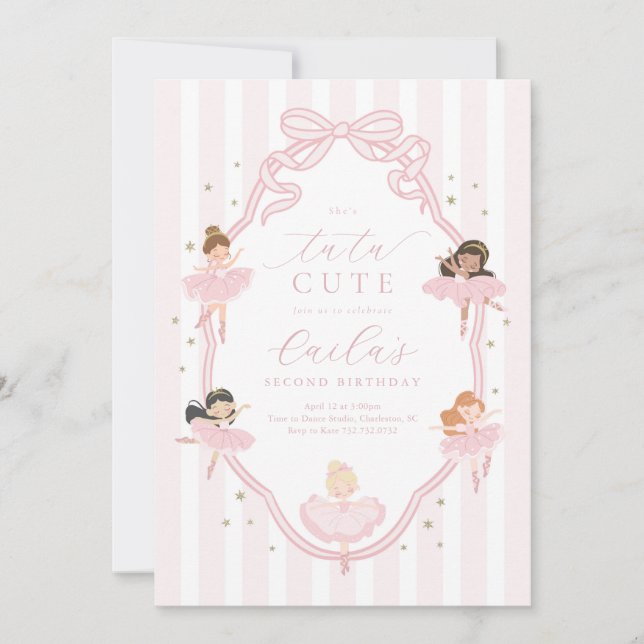 Pink Bow Tutu Cute Ballerina Birthday Invitation (Front)